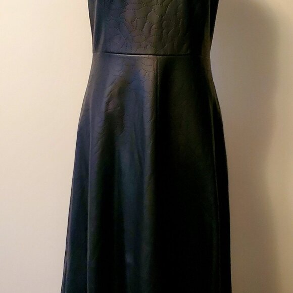 ELENA WANG Black Fit & Flared Midi Cocktail Dress Imprinted Faux Leather & Knit - Picture 10 of 11